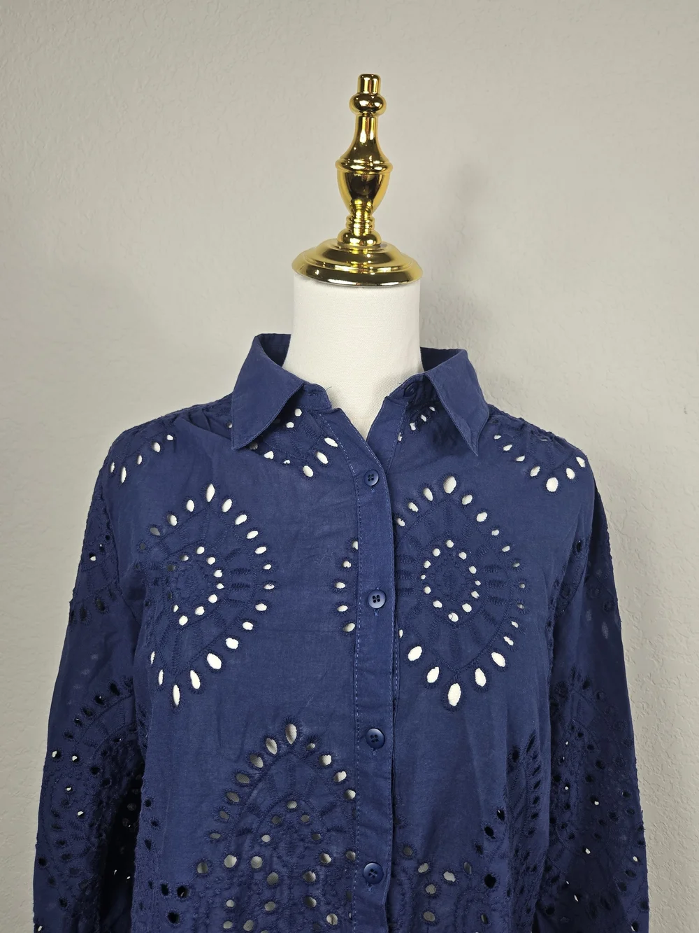 Adiva Navy Eyelet Button Down Shirt Cotton Boho Cottagecore Beach Cover Up M - Picture 7 of 13